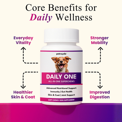 Petroyale Daily One, All-in-One Supplement for Dogs – 25 in 1 Dog Multivitamin, Probiotics, Omega 369, Hip & Joint, Skin & Coat, Gut Health – Soft Chew Dog Everyday Supplement for Dogs 