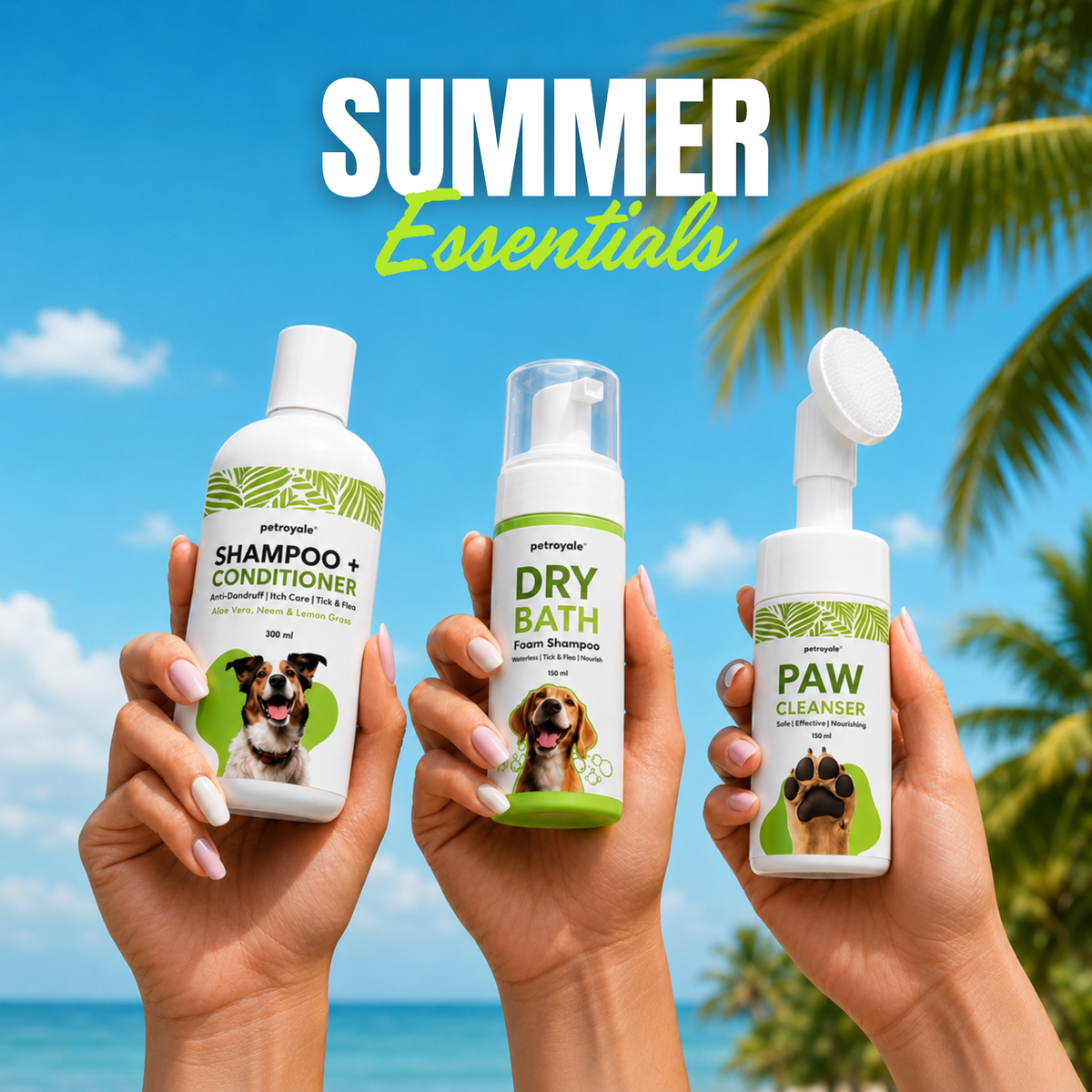 Petroyale pet grooming products including shampoo conditioner, dry bath foam shampoo and paw cleanser for dogs and cats