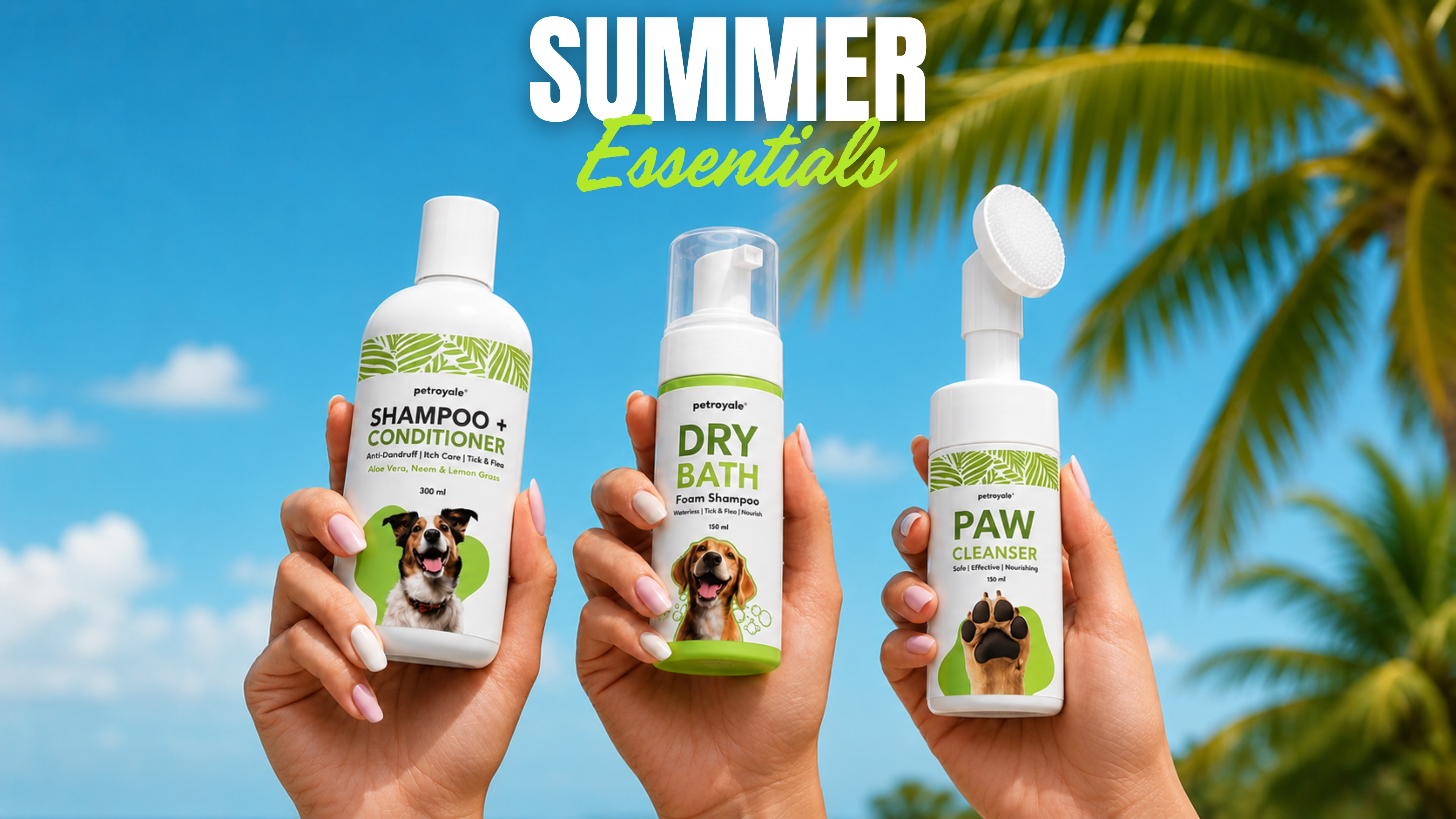 Petroyale pet grooming products including shampoo conditioner, dry bath foam shampoo and paw cleanser for dogs and cats